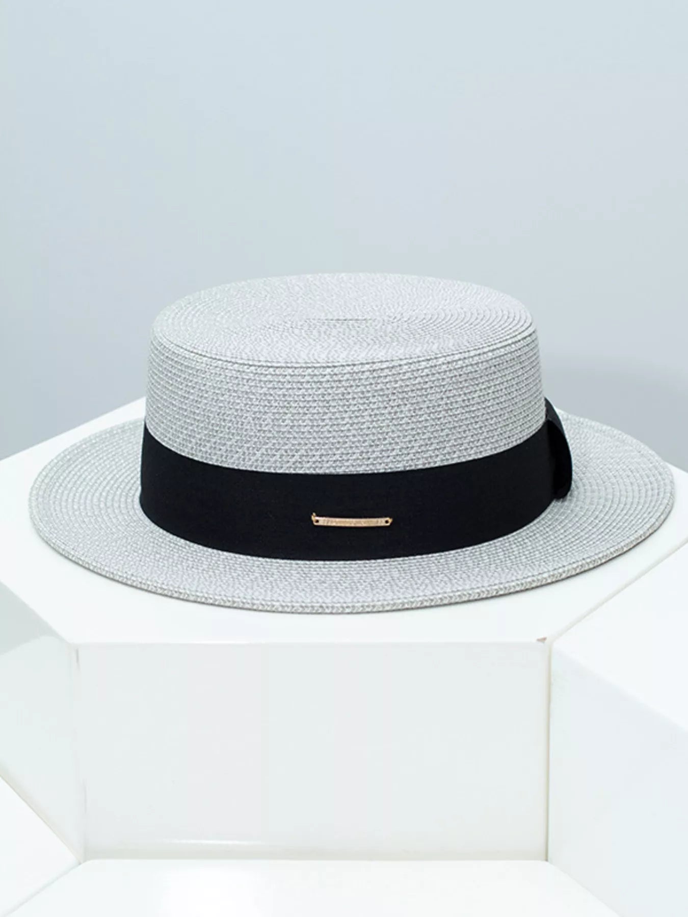 Straw Boater Hat with Ribbon Band and Metal Accent
