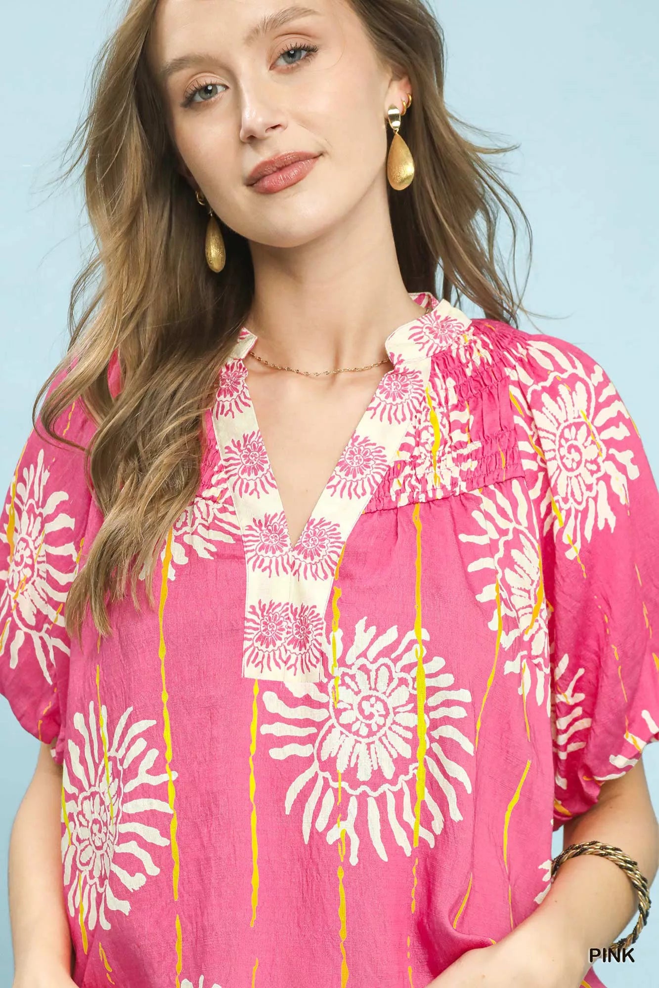 Floral Border Smocked V-Neck Boho Blouse in Bright Pink