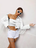 White Fringed Cropped Denim Jacket with Distressed Details