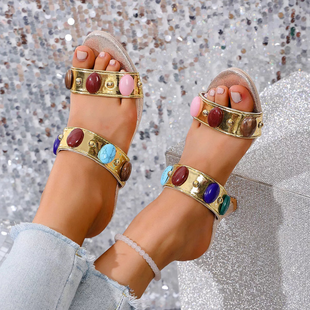 Women's Open Toe Block Heel Sandals in Gold & Leather