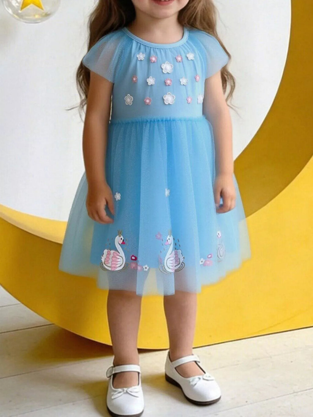 Girls Blue Swan Embroidered Tulle Party Dress