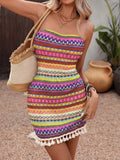 Multi-Color Striped Tassel Hem Tube Bodycon Mini Dress