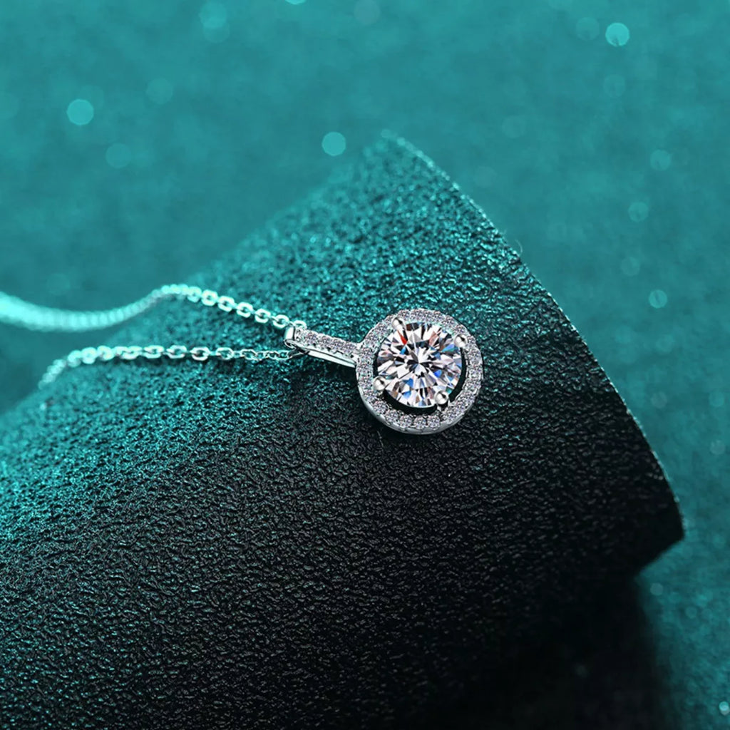2 Carat Round Moissanite Halo Pendant Necklace Sterling Silver