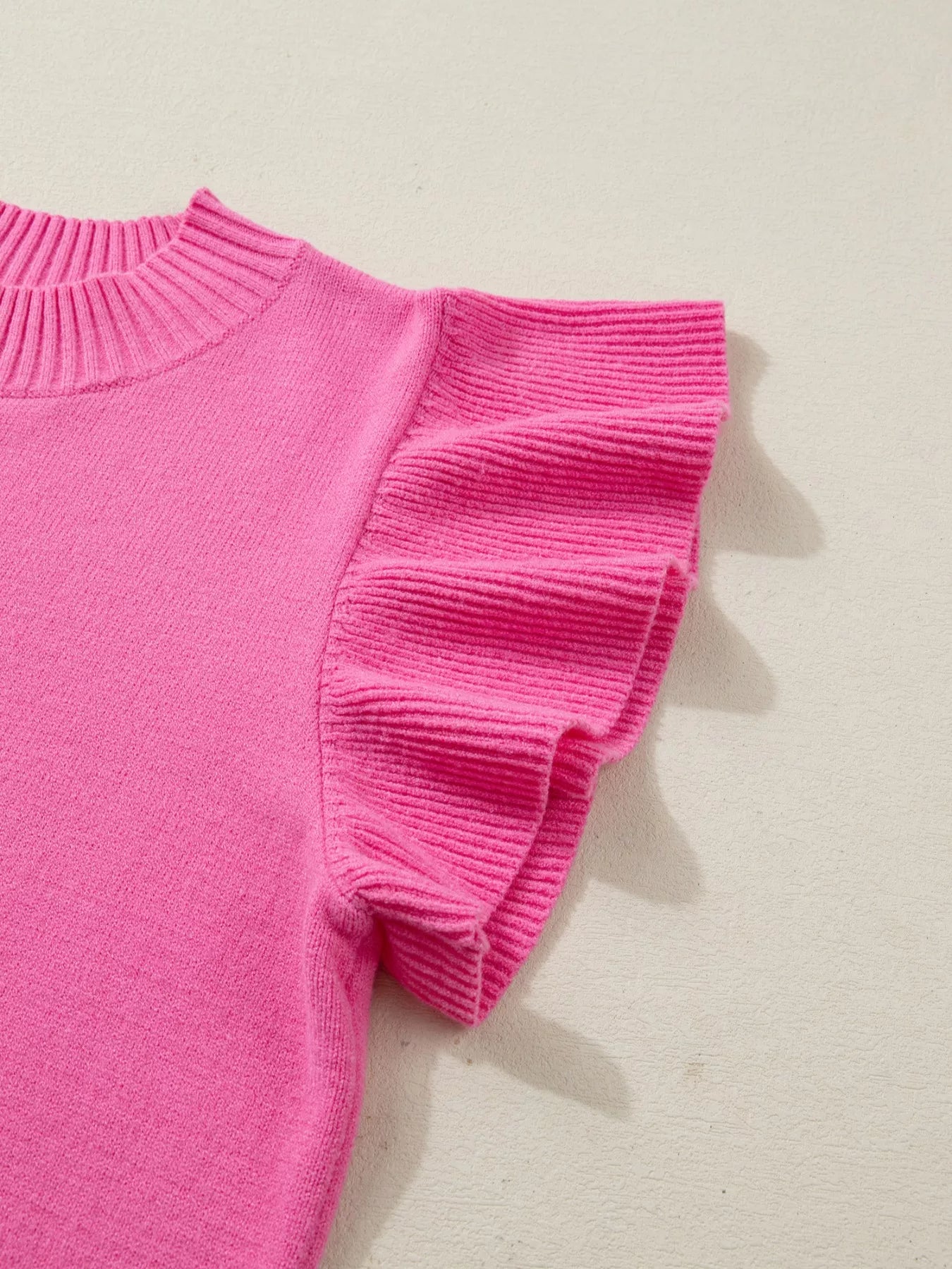 Hot Pink Ruffle Sleeve Round Neck Knit Sweater
