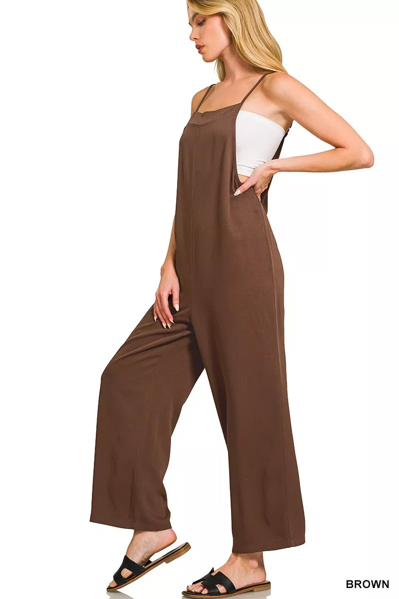 Woven Wide Leg Jumpsuit in Brown with Pockets