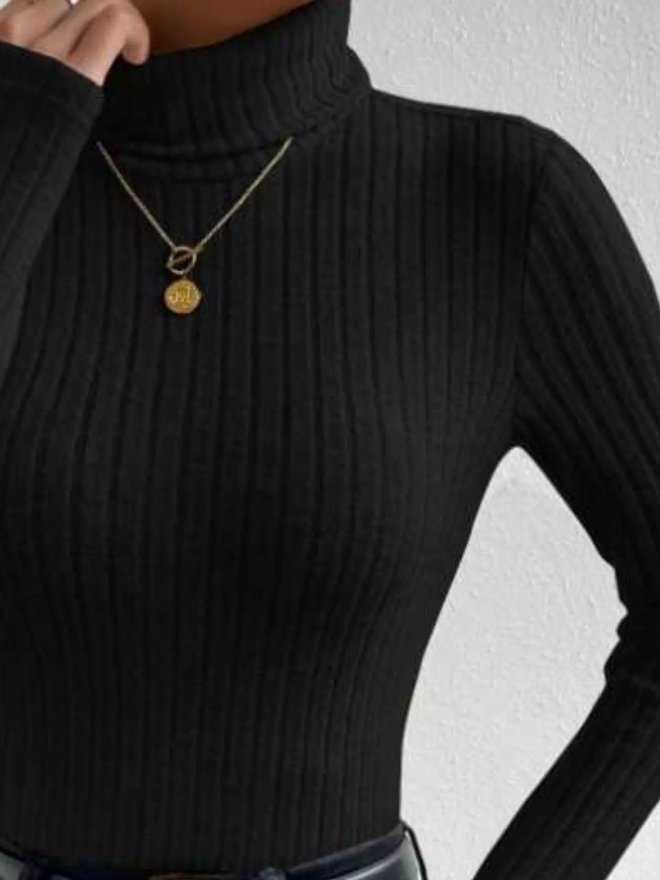 Women's Ribbed Turtleneck Long Sleeve Basic Fitted T-Shirt