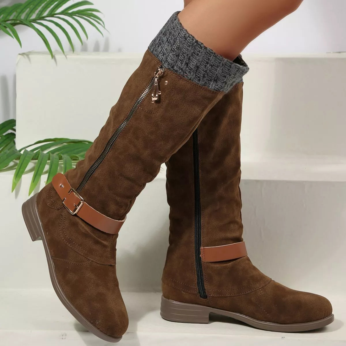 Women Black Suede Mid-Calf Boots with Knit Cuff and Buckle Detail