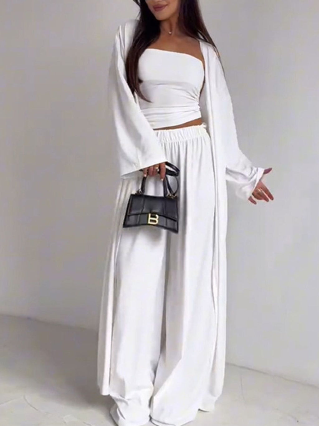 Women Three Piece Tube Top Cardigan and Wide Leg Pants Set
