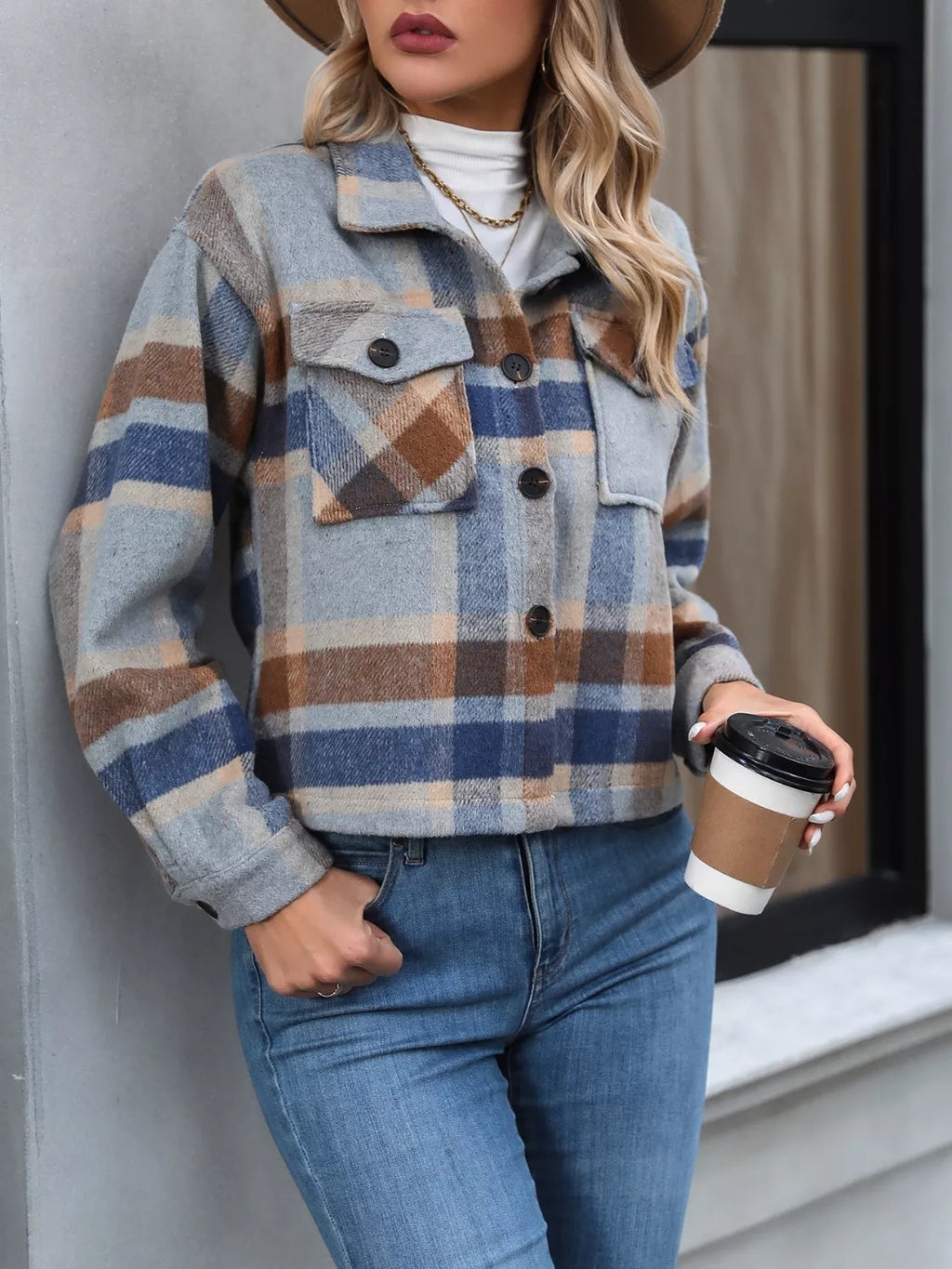 Women's Plaid Button-Up Shacket Casual Long Sleeve Jacket