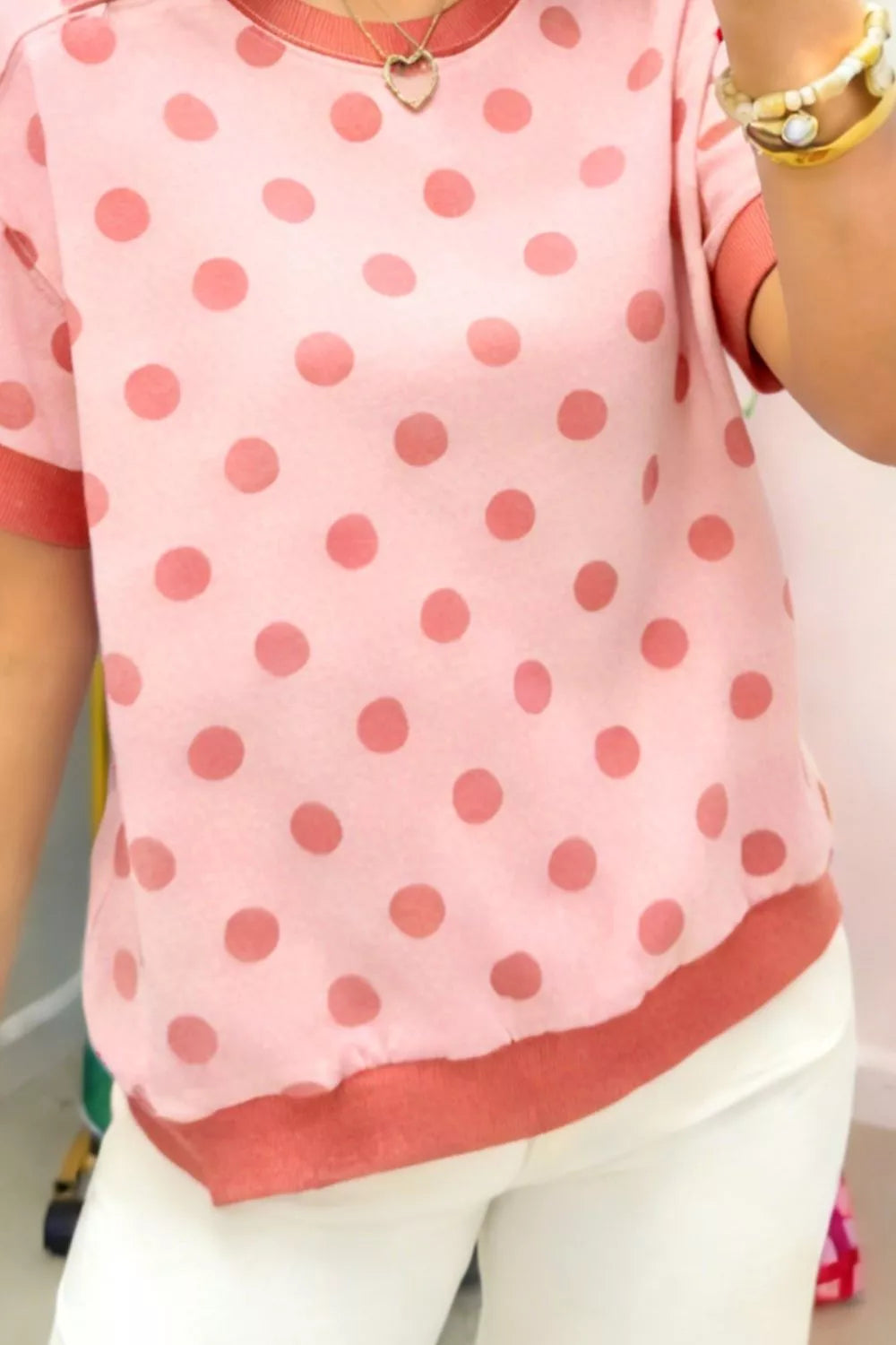 Pink Polka Dot Short Sleeve Crewneck T-Shirt