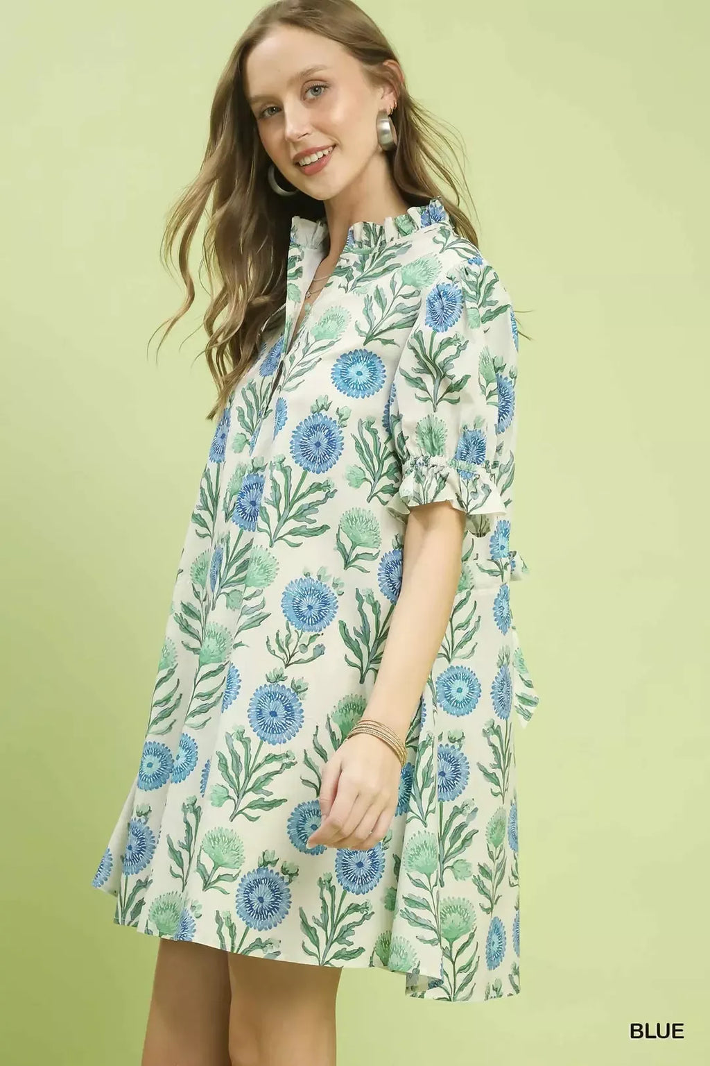 Blue Floral Puff Sleeve Babydoll Mini Dress with Side Pockets