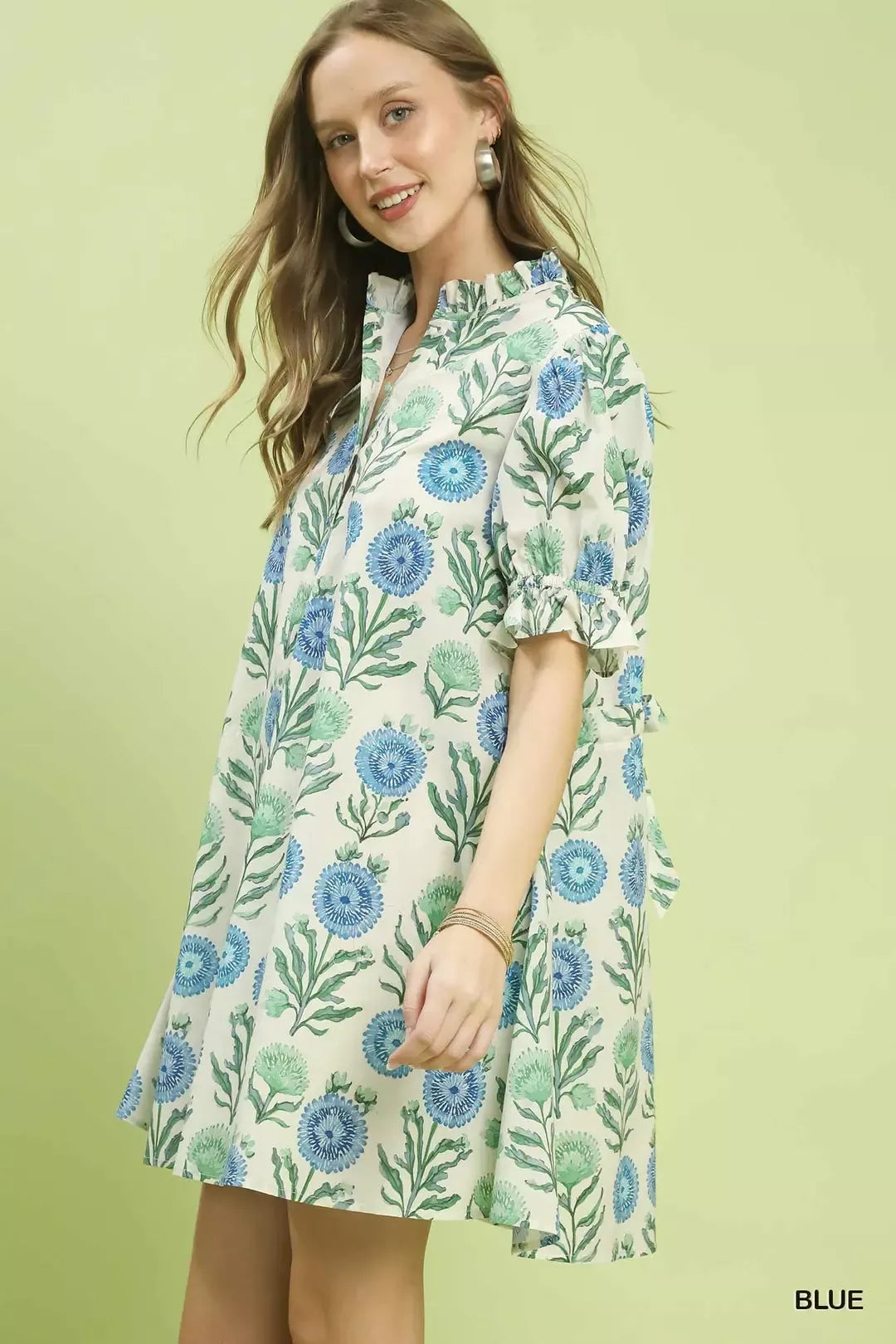 Blue Floral Puff Sleeve Babydoll Mini Dress with Side Pockets