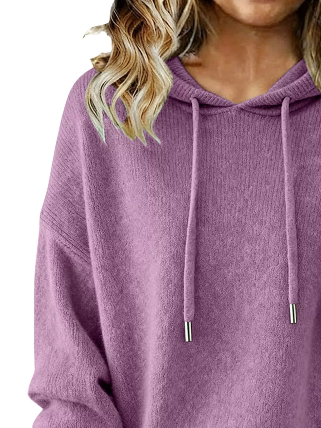 Women Long Sleeve Hooded Knit Sweater Drawstring Pullover