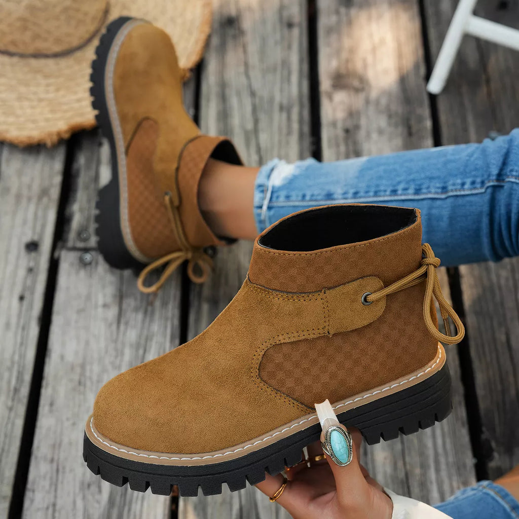 Women's Black Round Toe Platform Suede Boots with Check Detail
