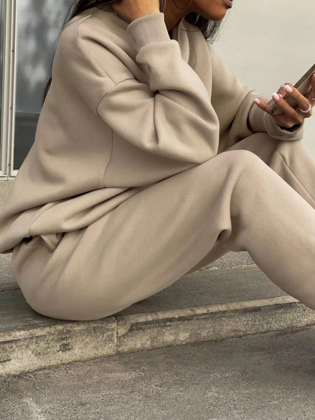 Women's Half Zip Sweatshirt & Pants Set - Grey Knit