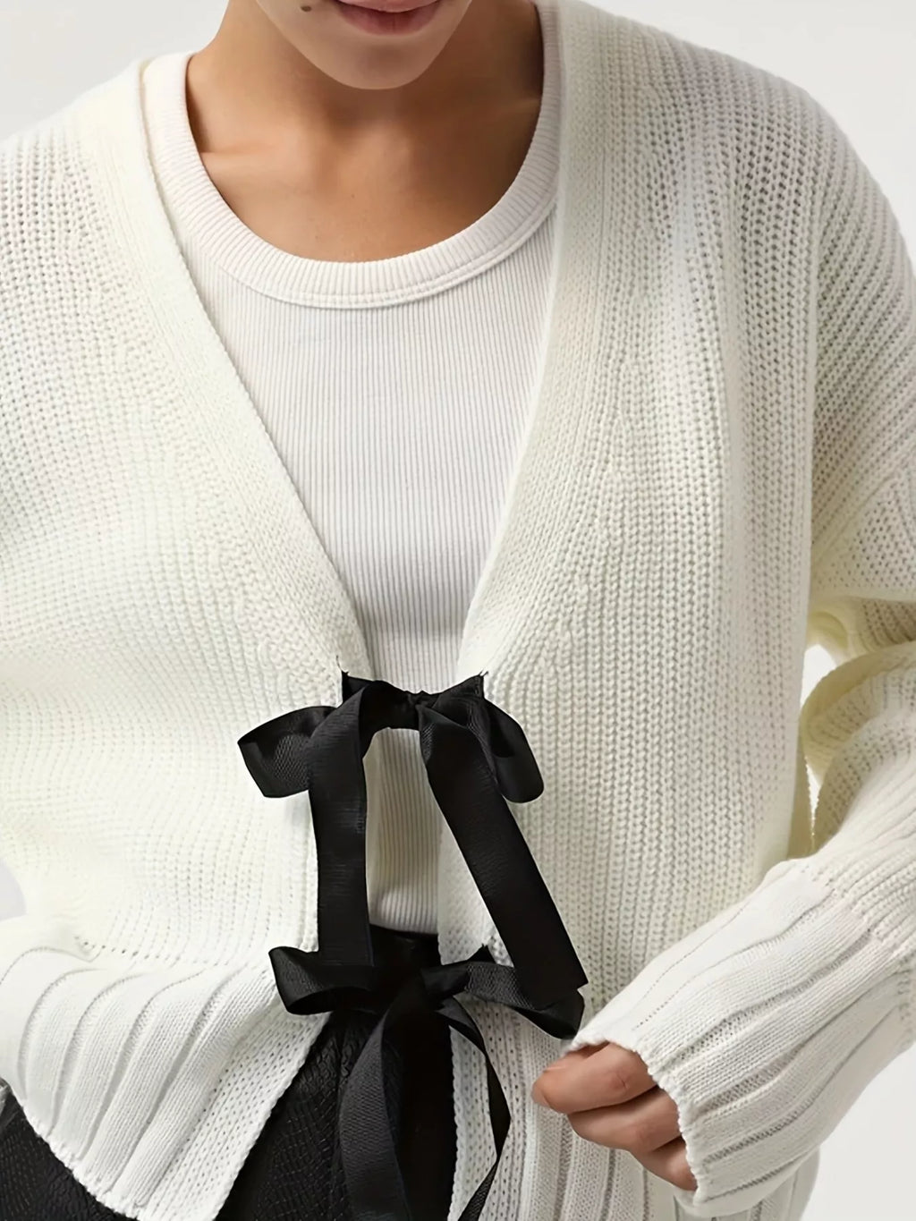 White Tie Front Knit Cardigan with Bow Detail