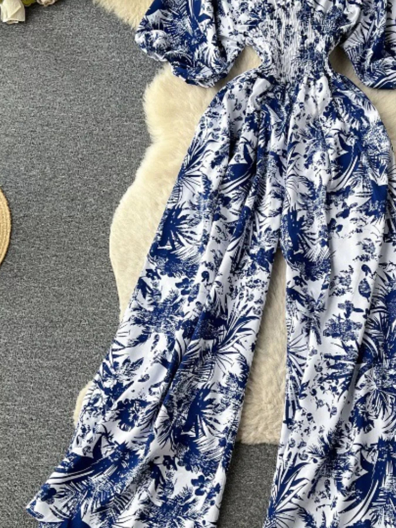 Yellow Floral Print Smocked V-Neck Wide Leg Jumpsuit