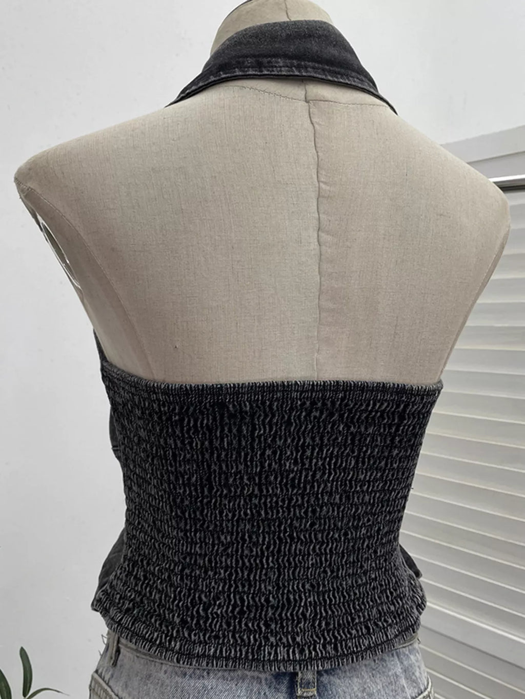 Smocked Denim Halter Collar Top in Blue