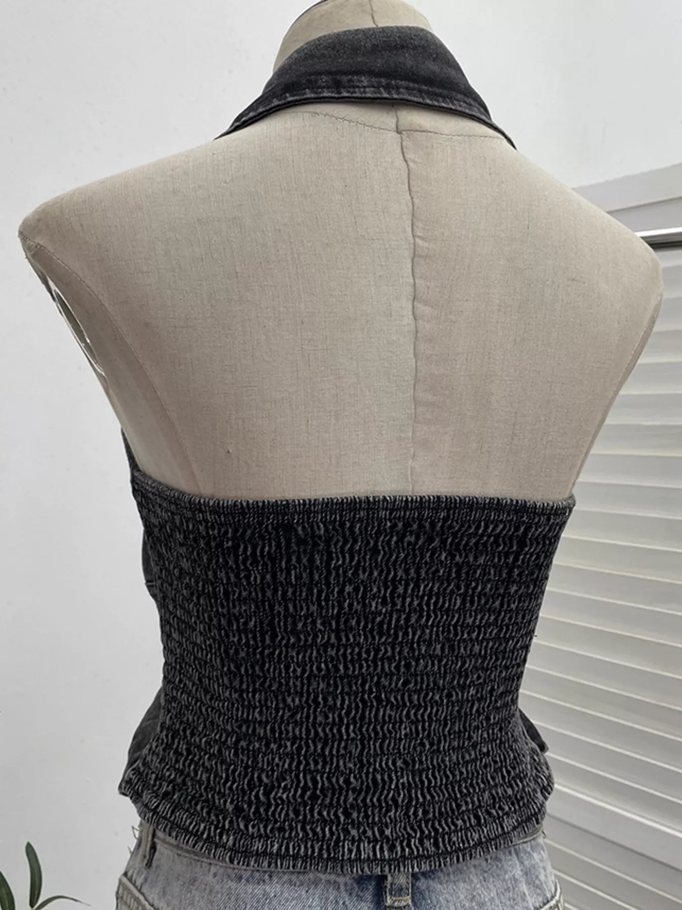 Smocked Denim Halter Collar Top in Blue