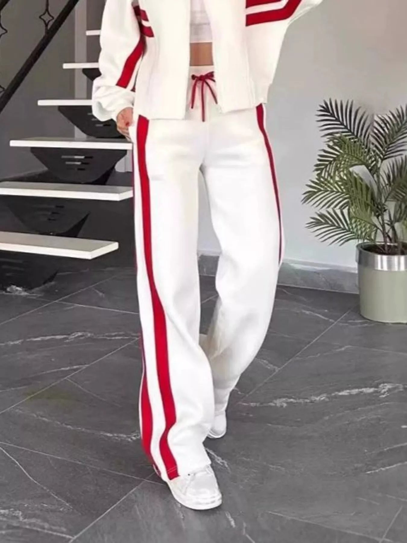 Women White Red Striped Zip Up Track Jacket and Pants Set