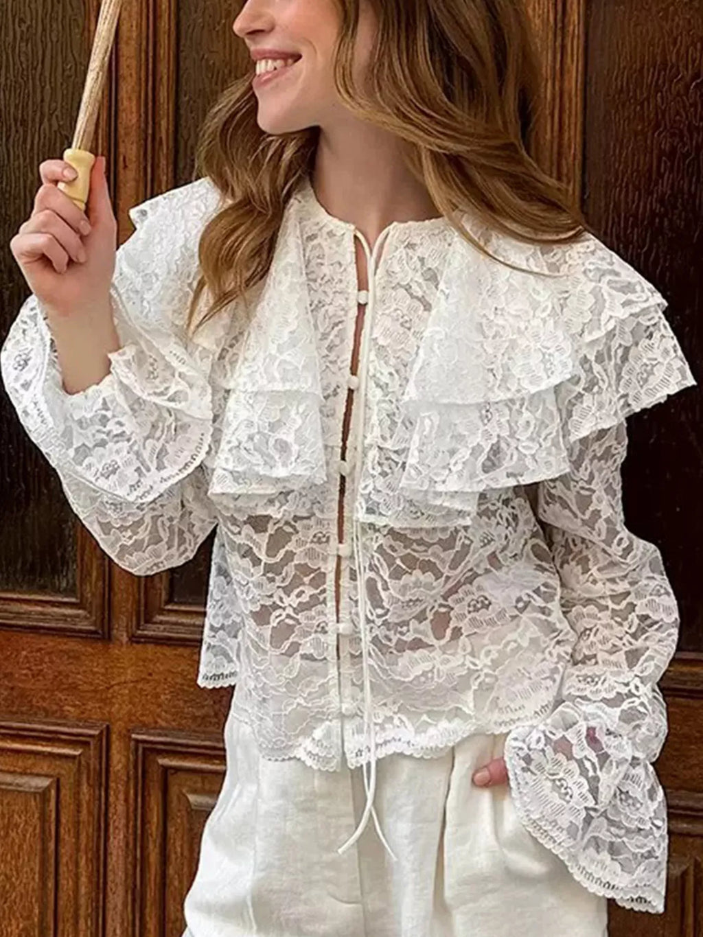 Women's White Ruffled Lace Flounce Sleeve Blouse