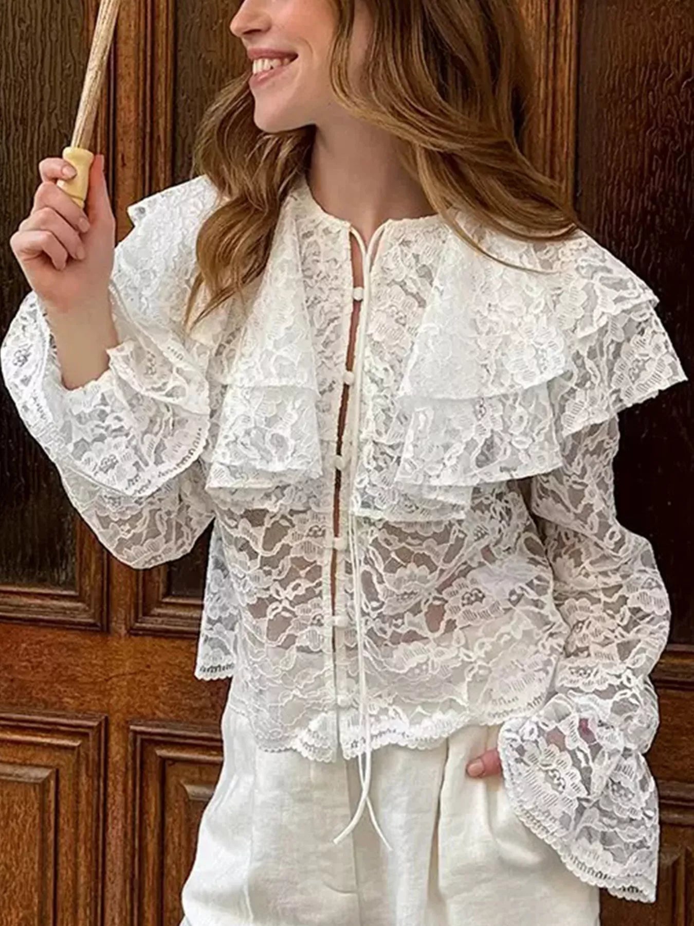Women's White Ruffled Lace Flounce Sleeve Blouse