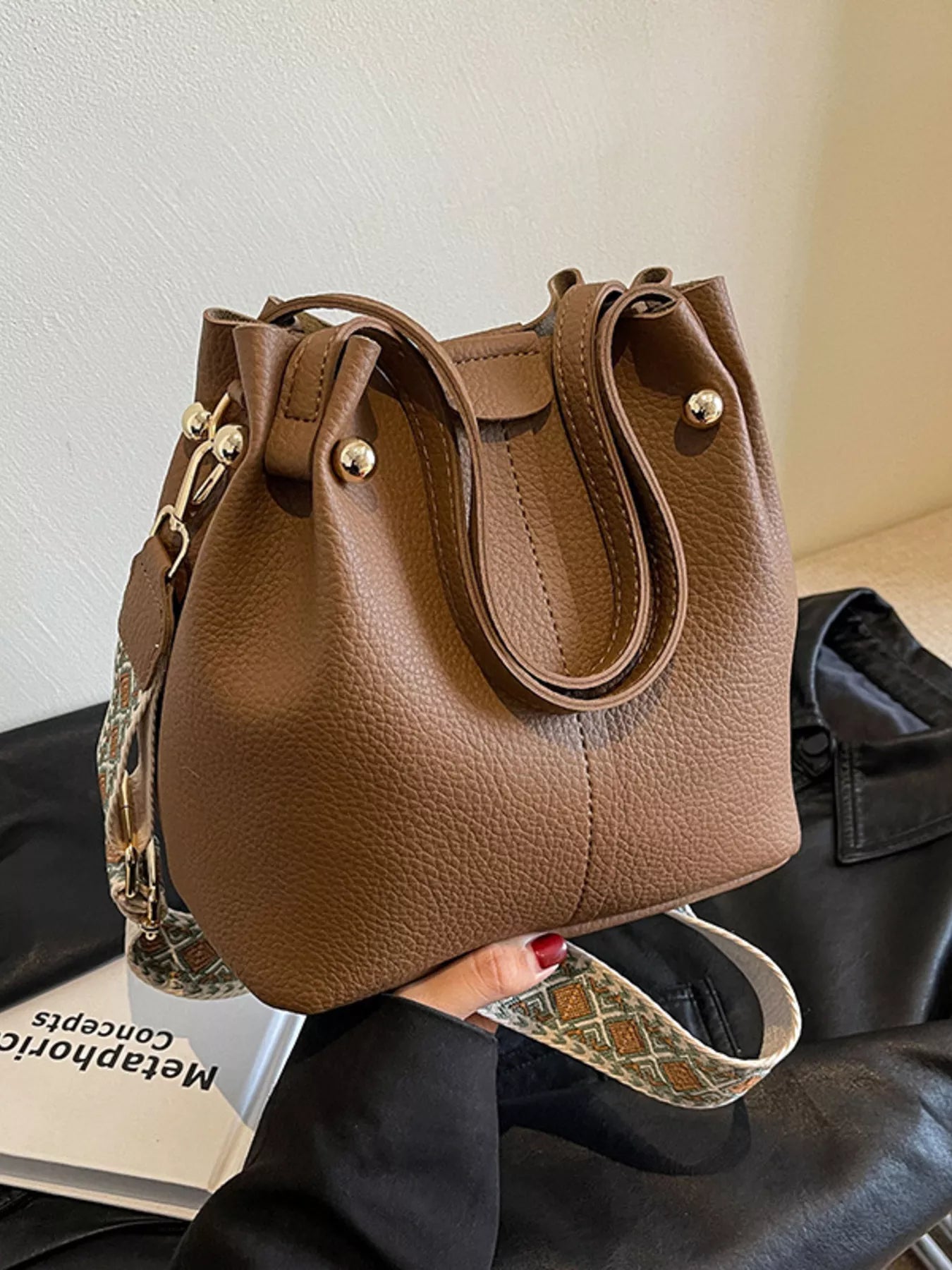 Black PU Leather Bucket Crossbody Bag with Patterned Strap
