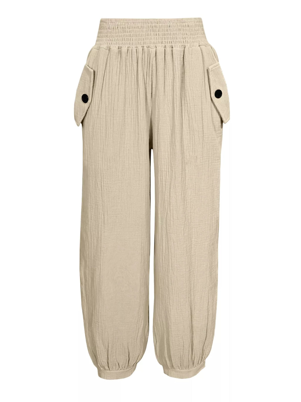 Women's Beige Textured Smocked Waist Casual Pants with Pockets