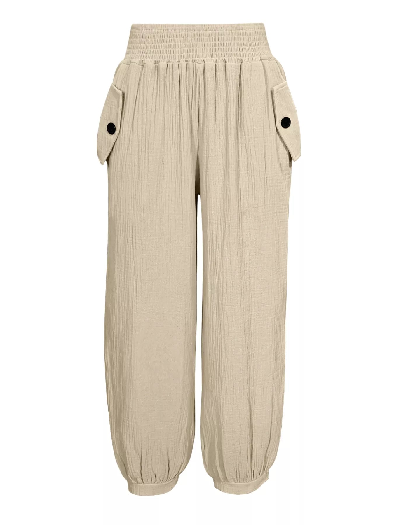 Women's Beige Textured Smocked Waist Casual Pants with Pockets