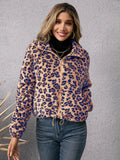 Women's Leopard Print Fleece Zip Up Jacket with Drawstring