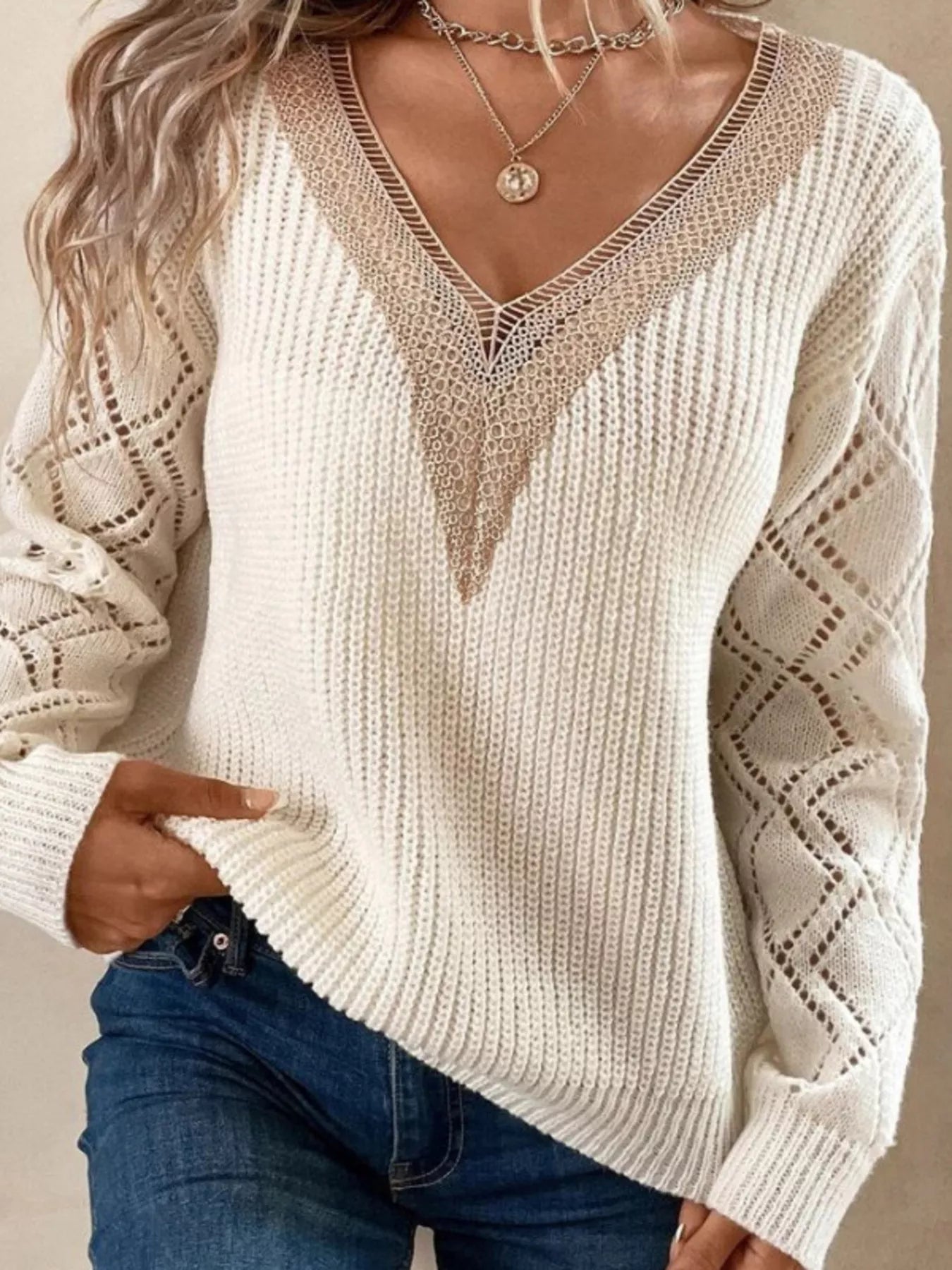 Women's V-Neck Openwork Knit Sweater - Bohemian Casual-Chic Top