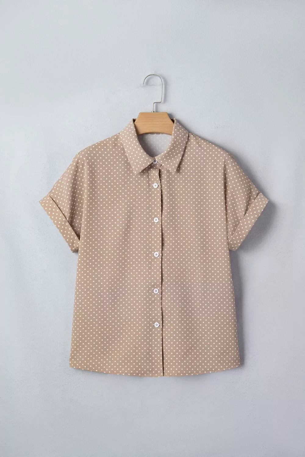 Women's Tan Polka Dot Button Down Short Sleeve Shirt