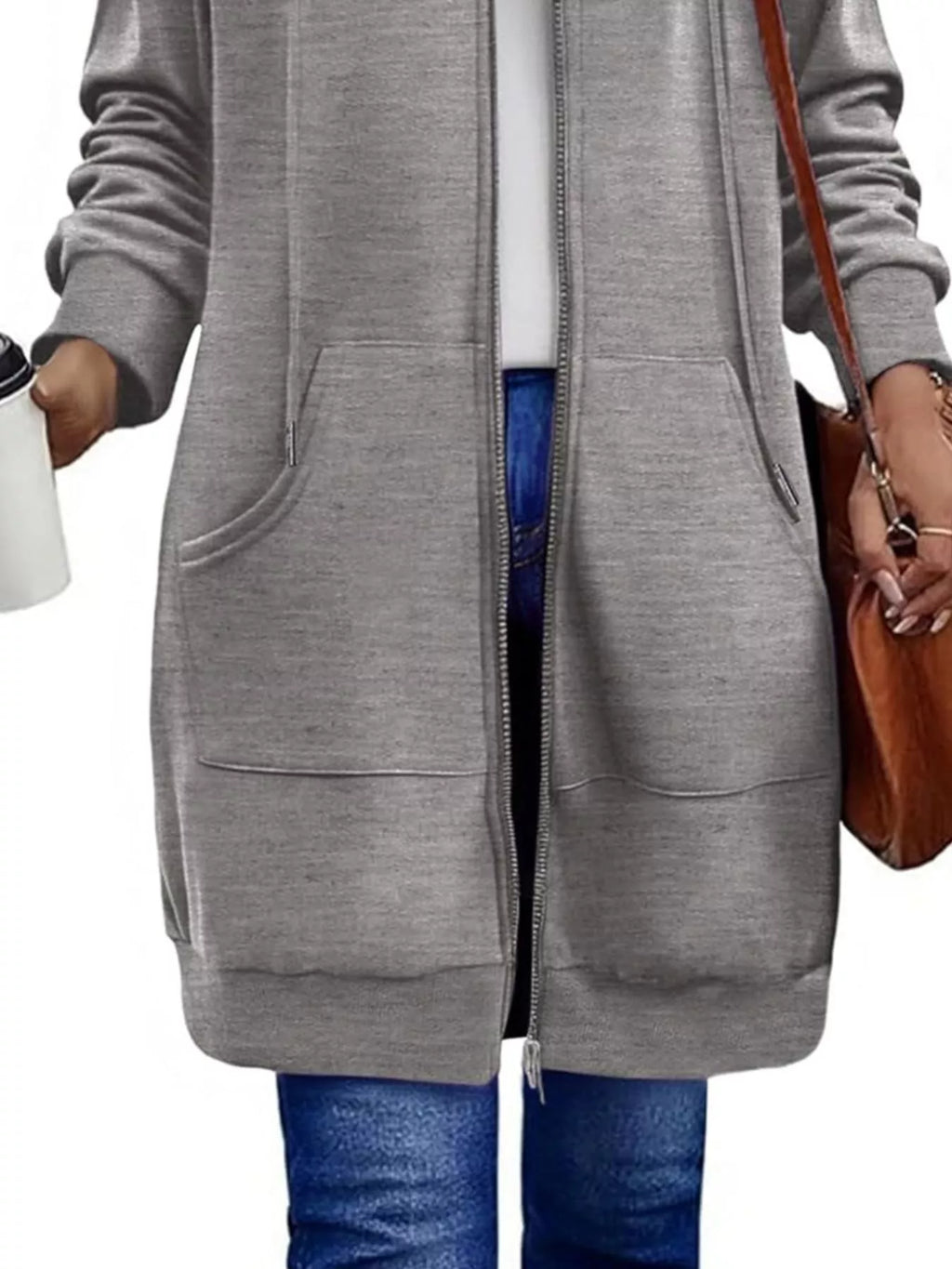 Women's Longline Zip-Up Hooded Jacket with Pockets Black
