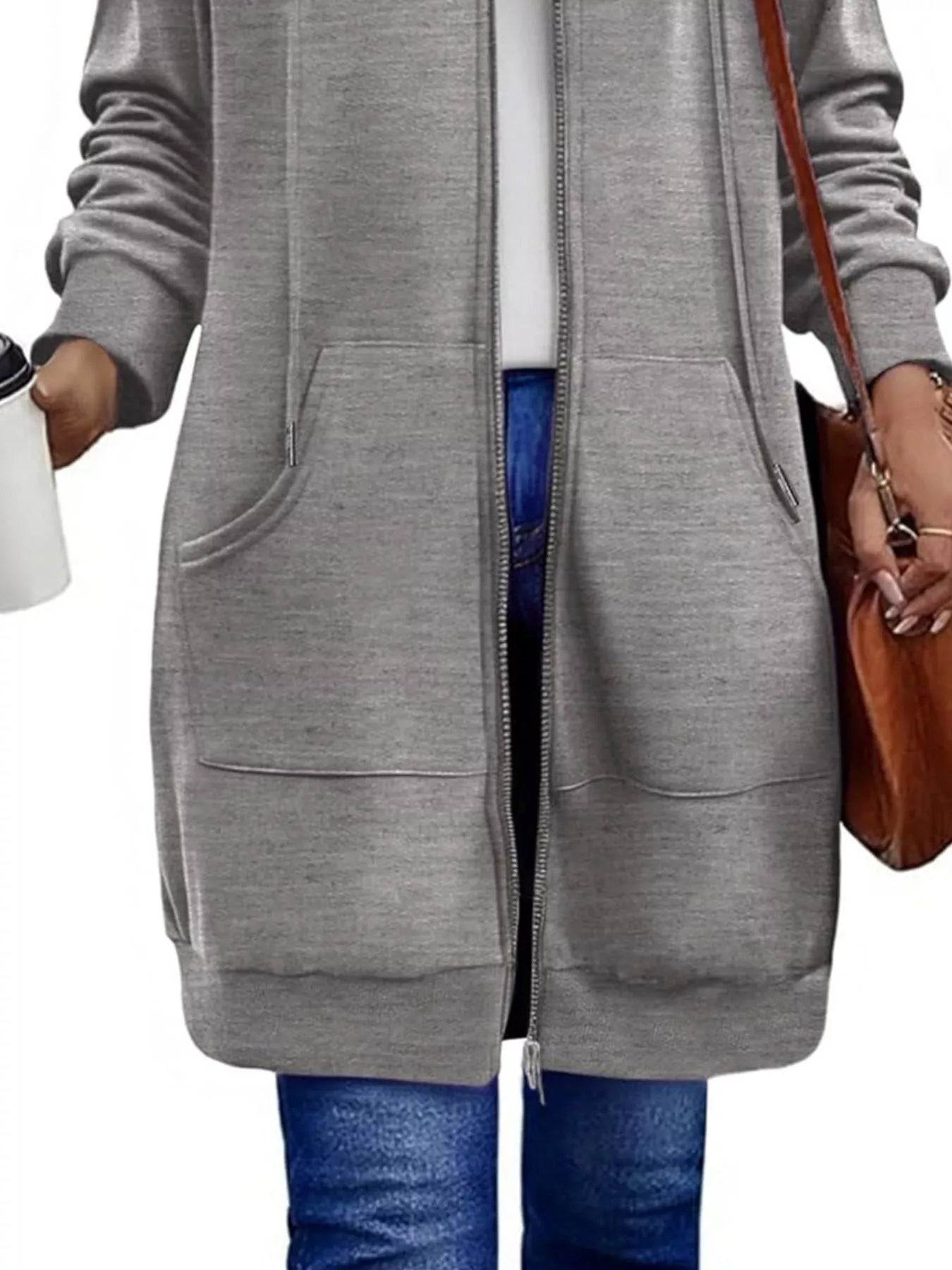 Women's Longline Zip-Up Hooded Jacket with Pockets Black