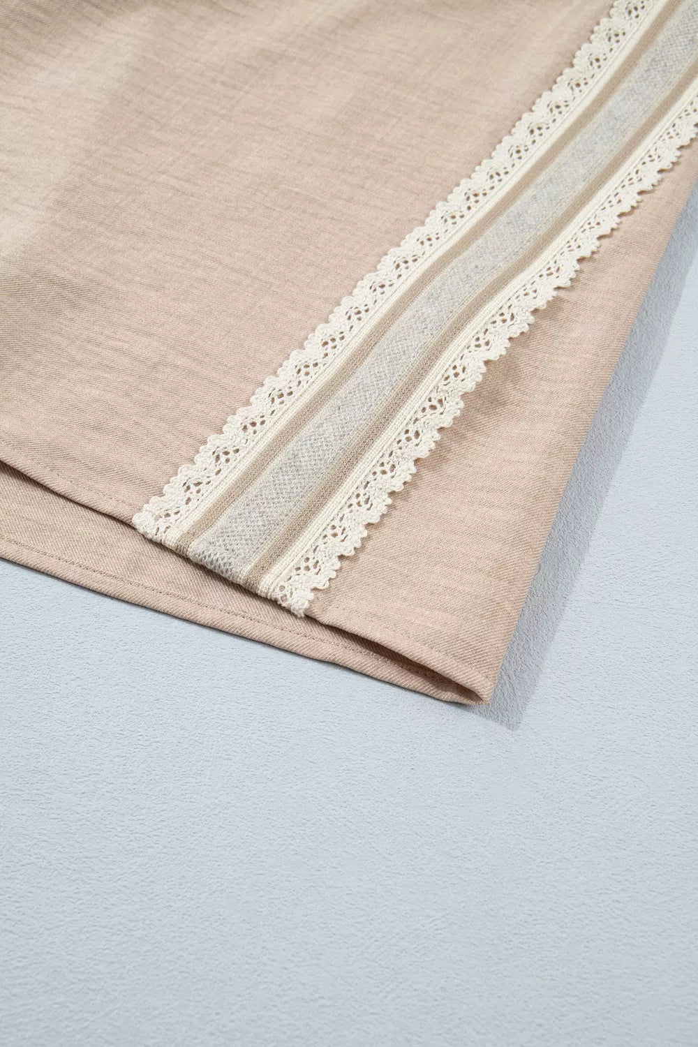Beige Crochet Lace Trim Blouse with Rolled Short Sleeves