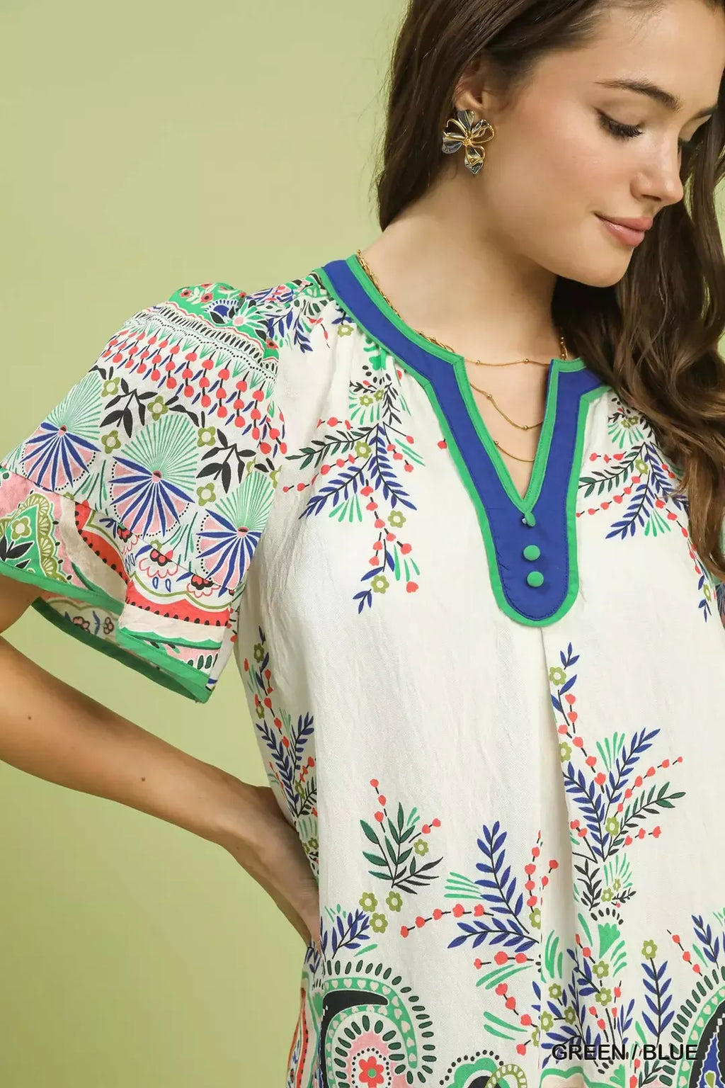 Paisley Flutter Sleeve Mini Dress in Green and Blue