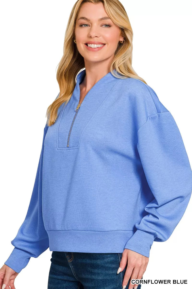 Cornflower Blue Scuba Half Zip Drop Shoulder Sweatshirt