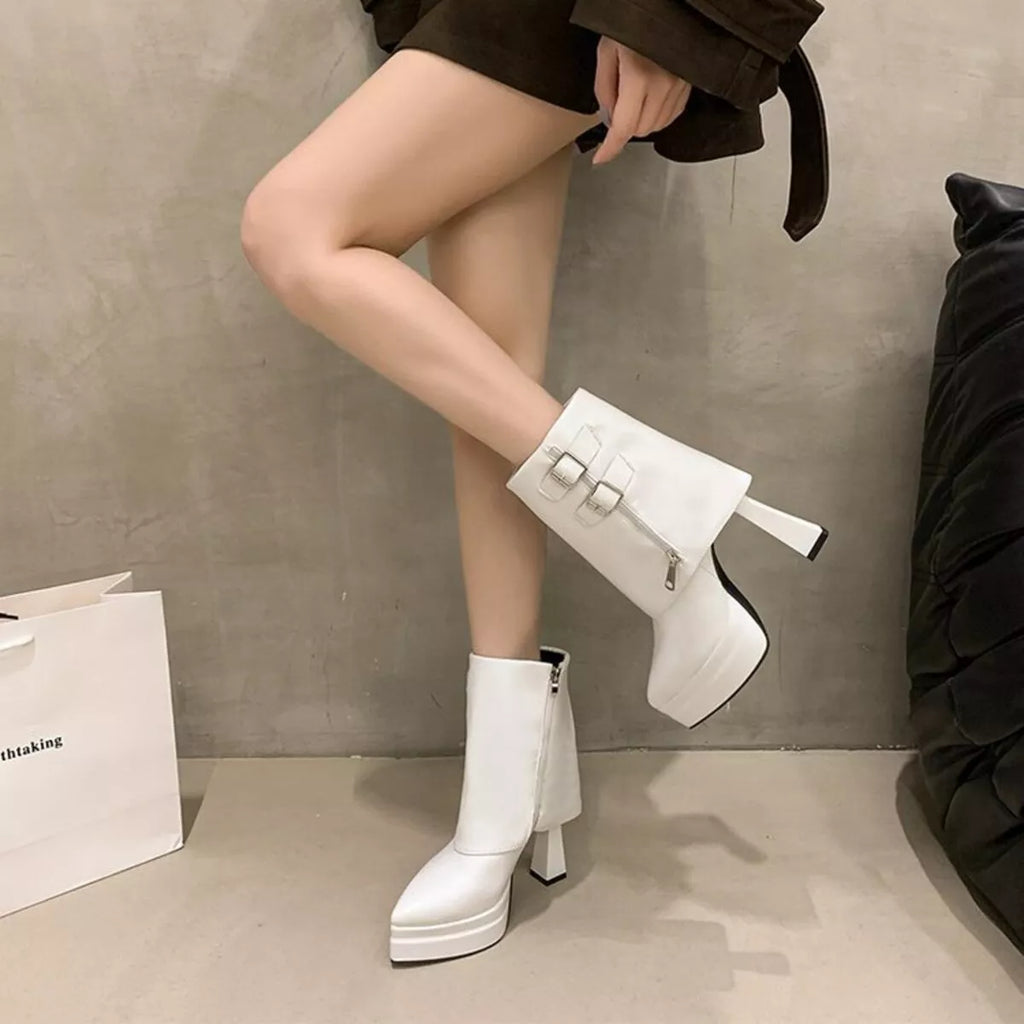 White Point Toe Platform Block Heel Ankle Boots