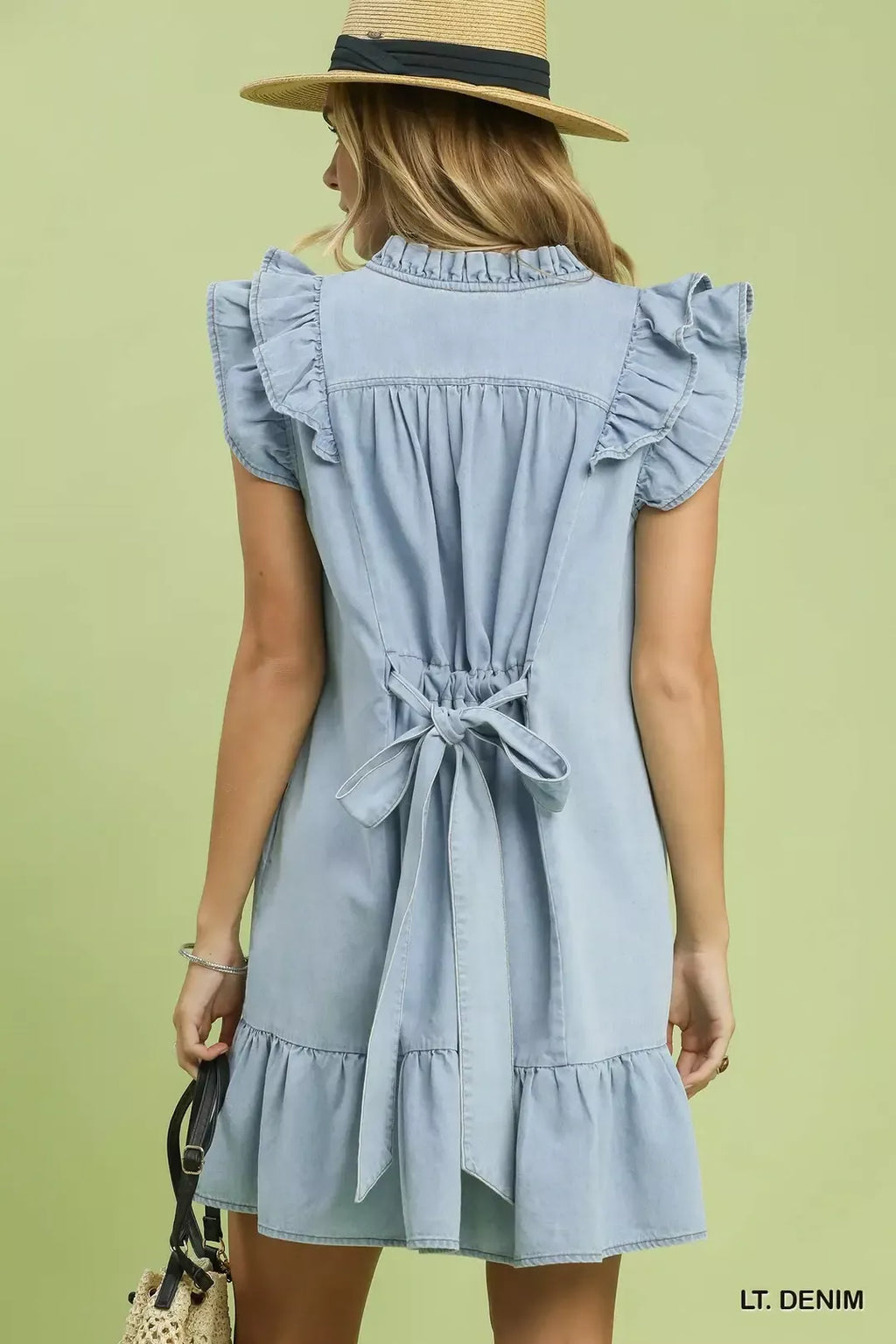 Light Denim Chambray Mini Dress with Ruffled Sleeves and Belt