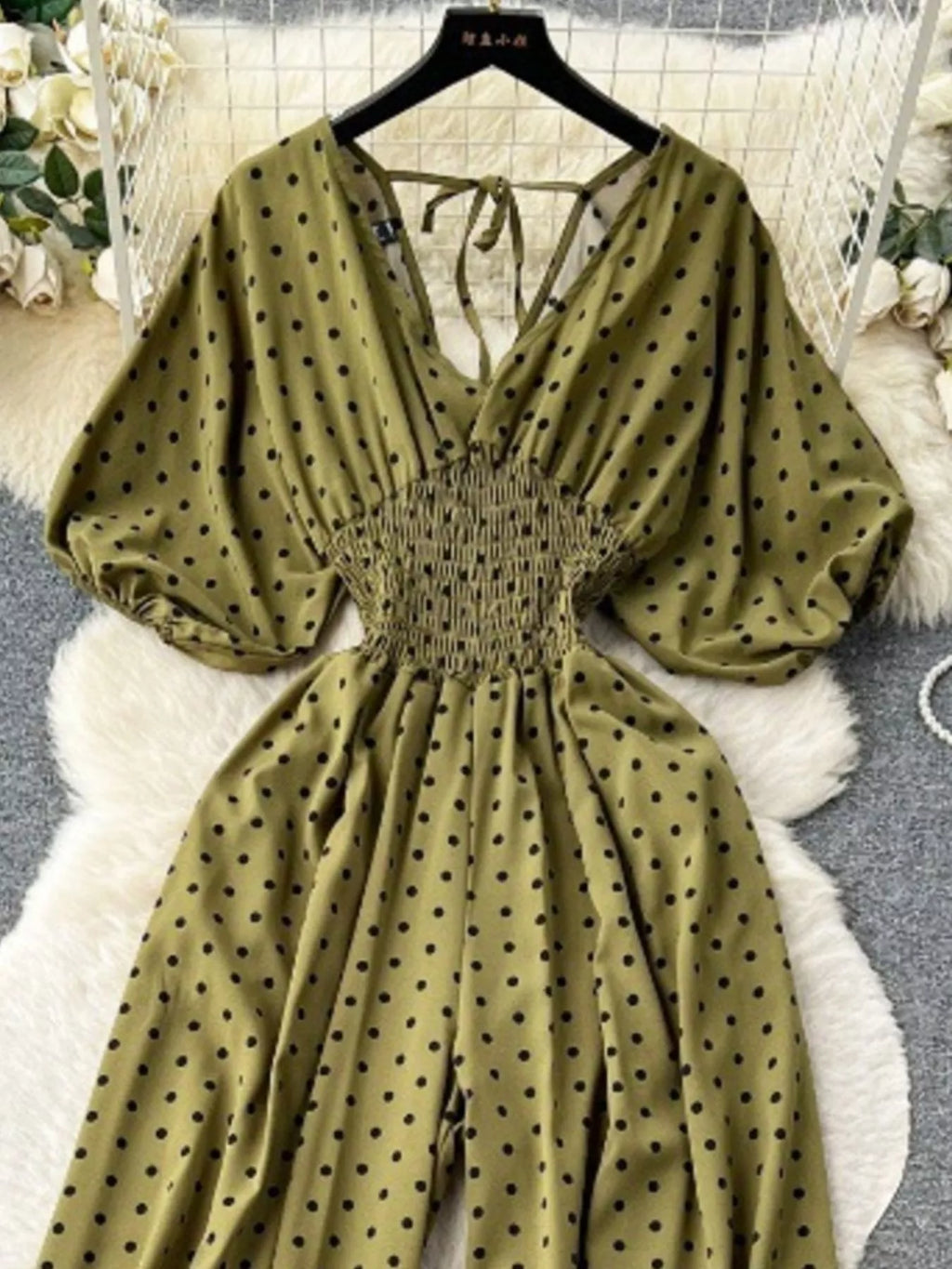 Yellow Floral Print Smocked V-Neck Wide Leg Jumpsuit