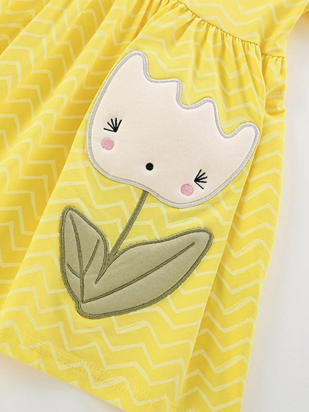 Yellow Chevron Stripe Dress with Cute Flower Applique for Girls