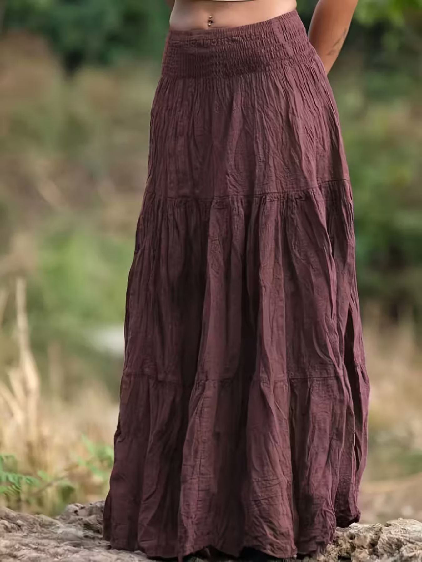 Women Ruched Tiered Maxi Skirt Bohemian Style Flowy Long Skirt