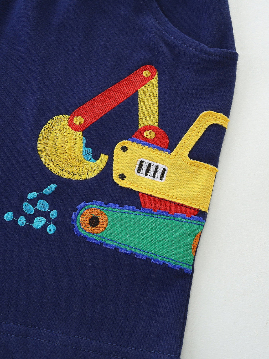 Boys Navy Construction Vehicle Embroidered Shorts with Drawstring
