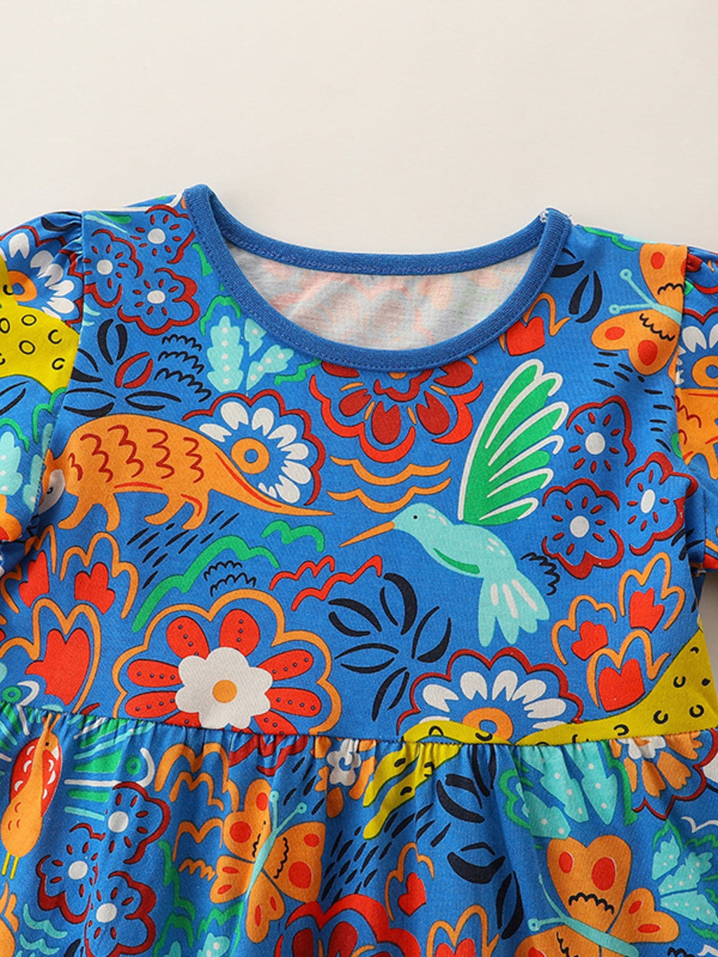 Girls Blue Short Sleeve Dress with Fun Animal and Floral Print