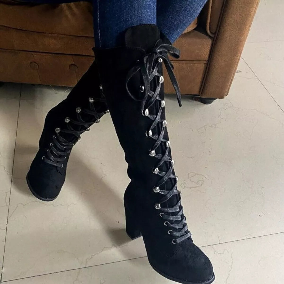 Women's Navy Suede Lace-Up Block Heel Boots