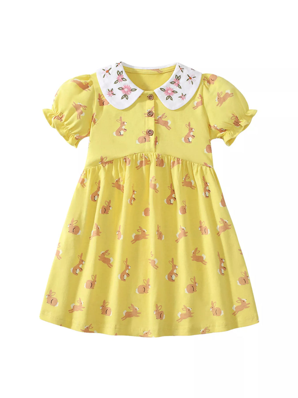 Yellow Bunny Print Peter Pan Collar Cotton Dress for Girls