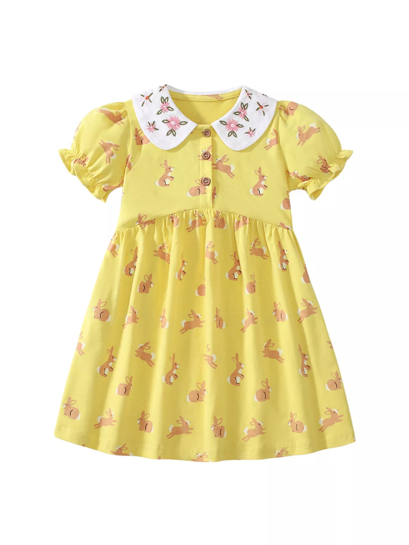 Yellow Bunny Print Peter Pan Collar Cotton Dress for Girls