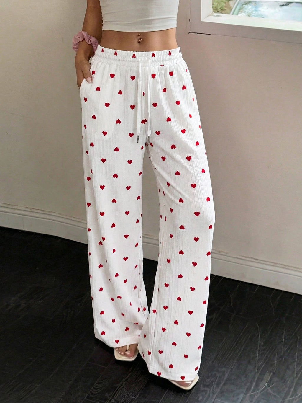 White Red Heart Print Drawstring Waist Wide Leg Lounge Pants