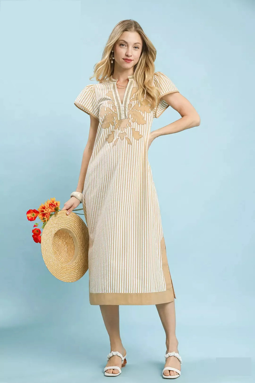 Tan Stripe Midi Dress with Flutter Sleeves and Applique Detail