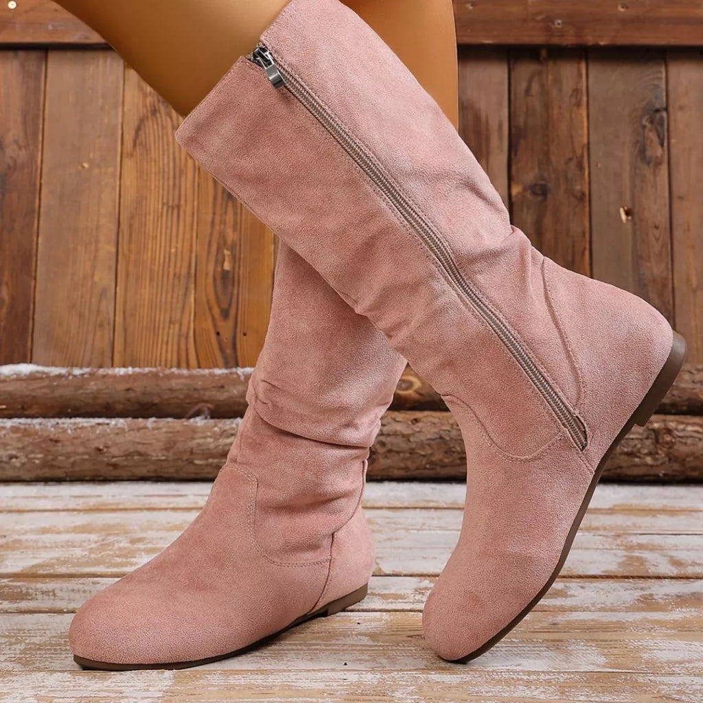 Women's Round Toe Side Zip Suede Mid-Calf Boots